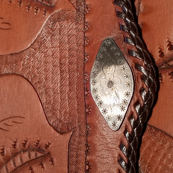 Handcrafted Hand Tooled Leather Clutch Chestnut Brown Tropical Leaf Design - Picture 10 of 13